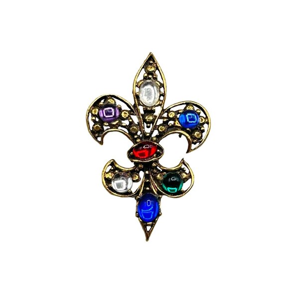 Vintage Jeweled Fleur De Lis Pin Brooch Gold Tone Red Blue Green Purple Cabochon - Picture 1 of 5